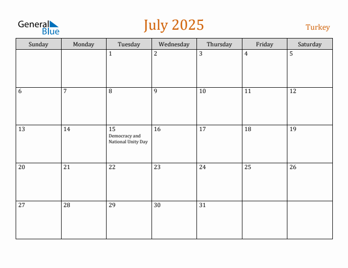 July 2025 Holiday Calendar with Sunday Start