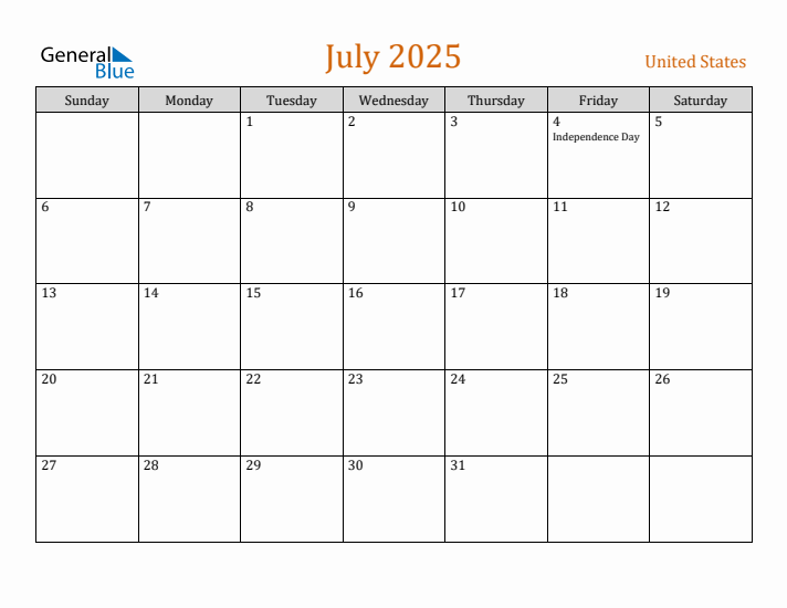 July 2025 Holiday Calendar with Sunday Start