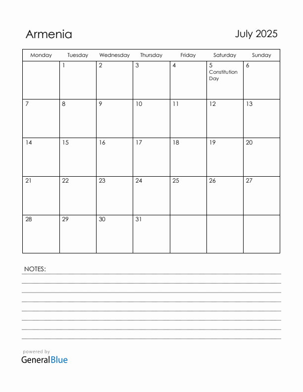 July 2025 Armenia Calendar with Holidays (Monday Start)