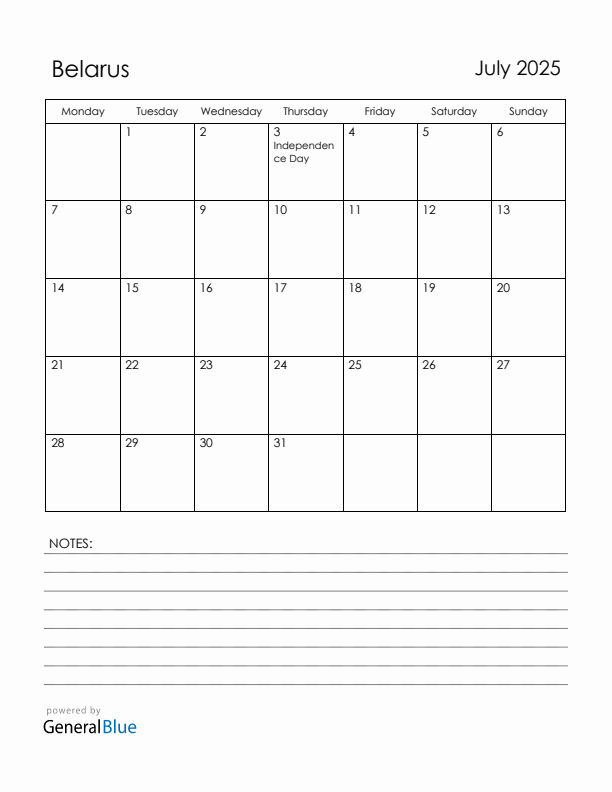 July 2025 Belarus Calendar with Holidays (Monday Start)