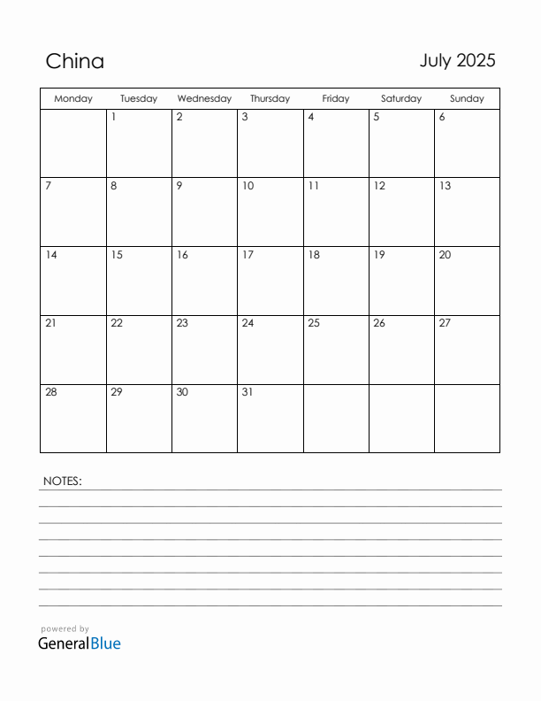 July 2025 China Calendar with Holidays (Monday Start)