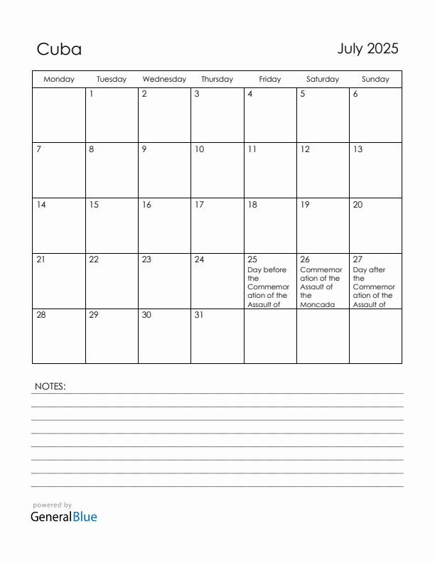 July 2025 Cuba Calendar with Holidays (Monday Start)