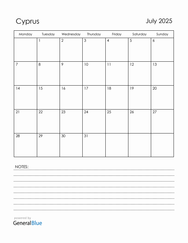 July 2025 Cyprus Calendar with Holidays (Monday Start)