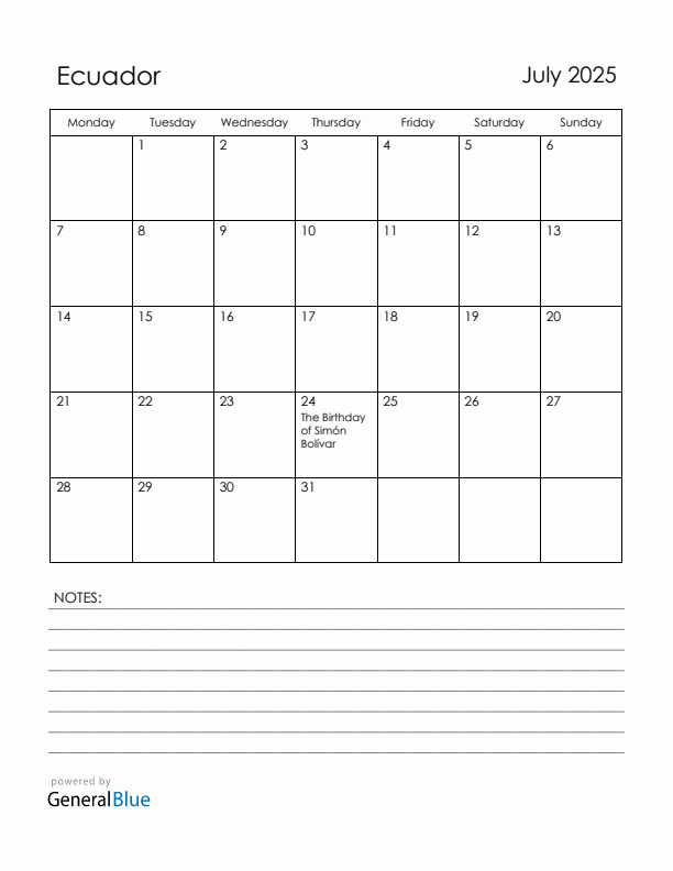 July 2025 Ecuador Calendar with Holidays (Monday Start)