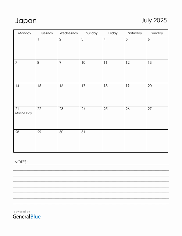 July 2025 Japan Calendar with Holidays (Monday Start)