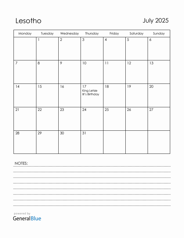 July 2025 Lesotho Calendar with Holidays (Monday Start)