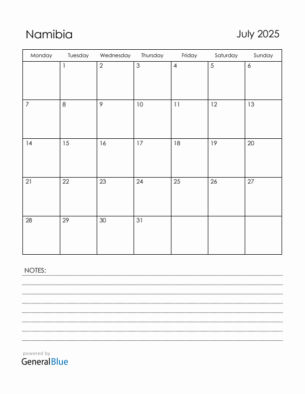 July 2025 Namibia Calendar with Holidays (Monday Start)