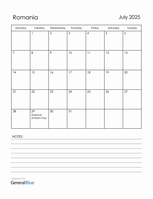 July 2025 Romania Calendar with Holidays (Monday Start)