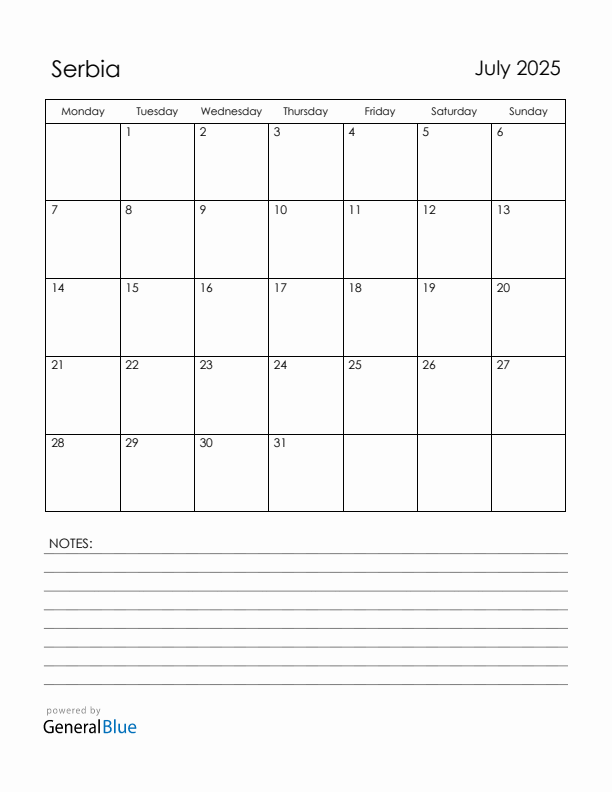 July 2025 Serbia Calendar with Holidays (Monday Start)