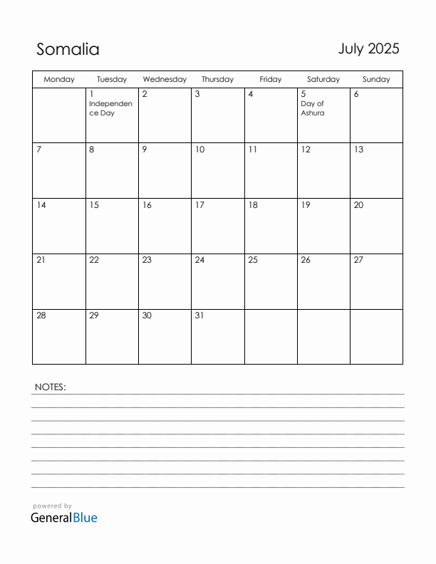 July 2025 Somalia Calendar with Holidays (Monday Start)