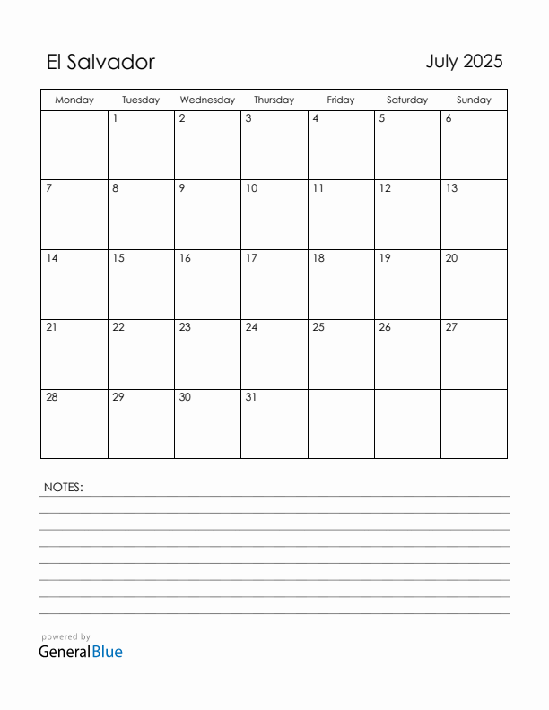 July 2025 El Salvador Calendar with Holidays (Monday Start)