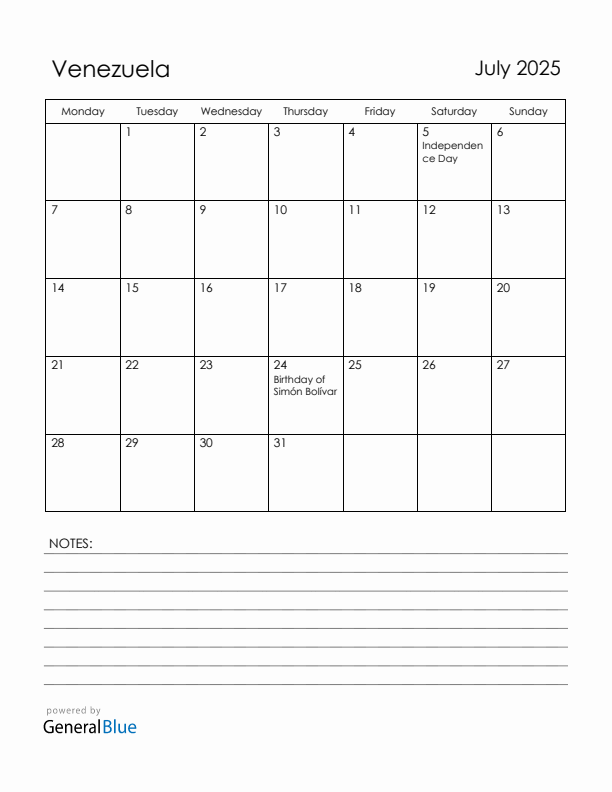 July 2025 Venezuela Calendar with Holidays (Monday Start)