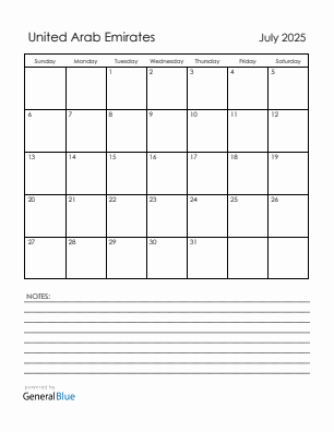 Current month calendar with United Arab Emirates holidays for July 2025