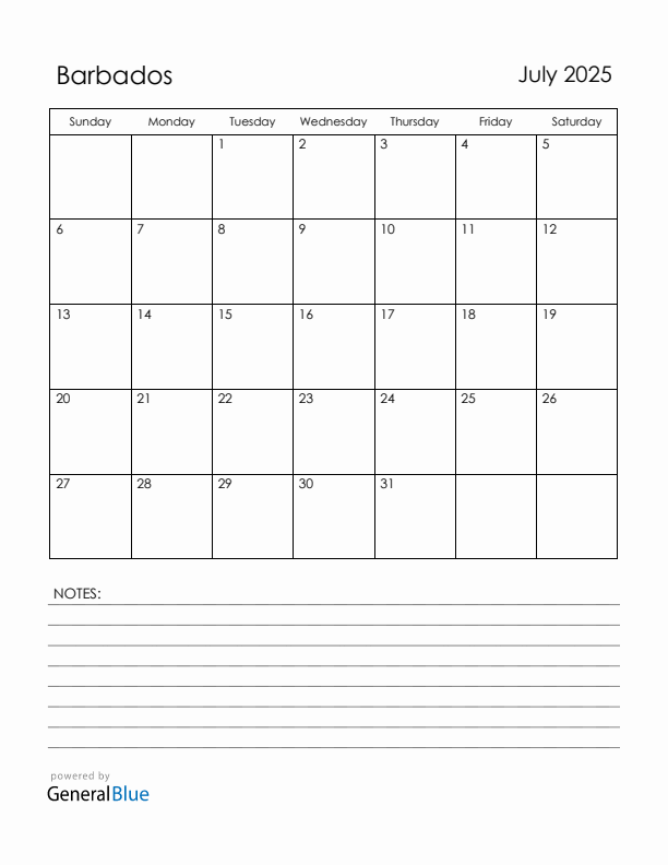 July 2025 Barbados Calendar with Holidays (Sunday Start)