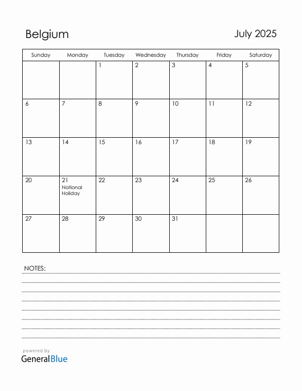 July 2025 Belgium Calendar with Holidays (Sunday Start)