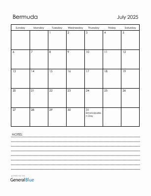 Current month calendar with Bermuda holidays for July 2025