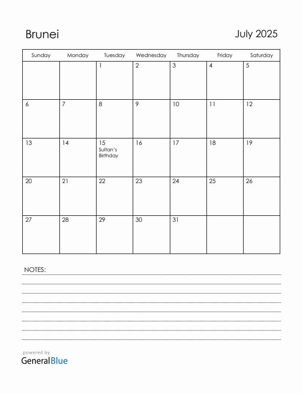 July 2025 Brunei Calendar with Holidays (Sunday Start)