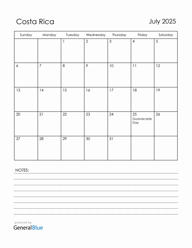 July 2025 Costa Rica Calendar with Holidays (Sunday Start)