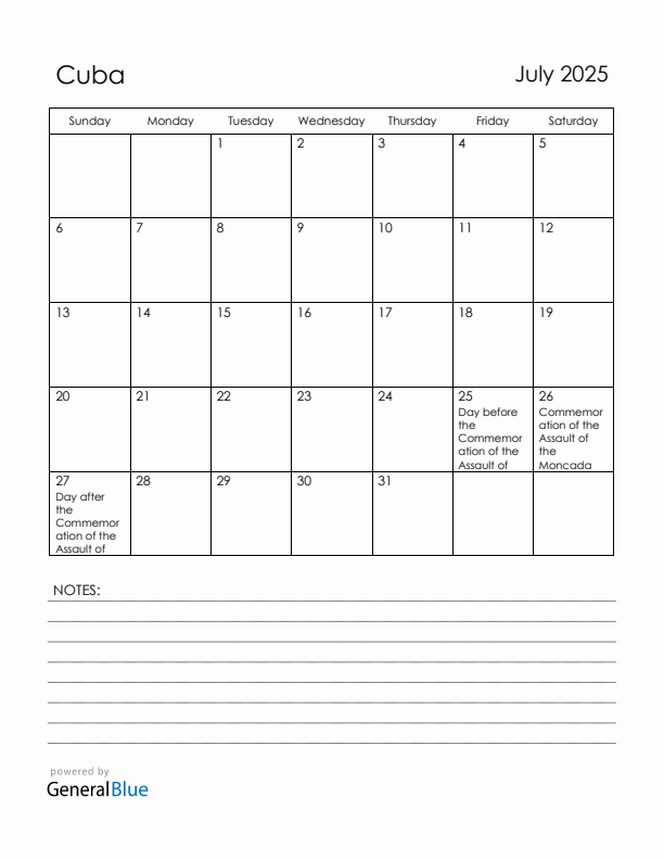 July 2025 Cuba Calendar with Holidays (Sunday Start)