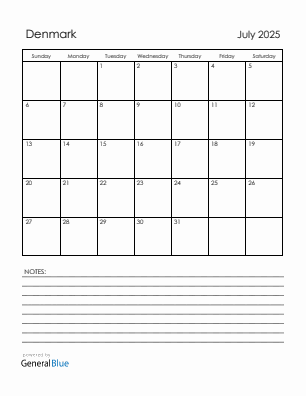 Current month calendar with Denmark holidays for July 2025