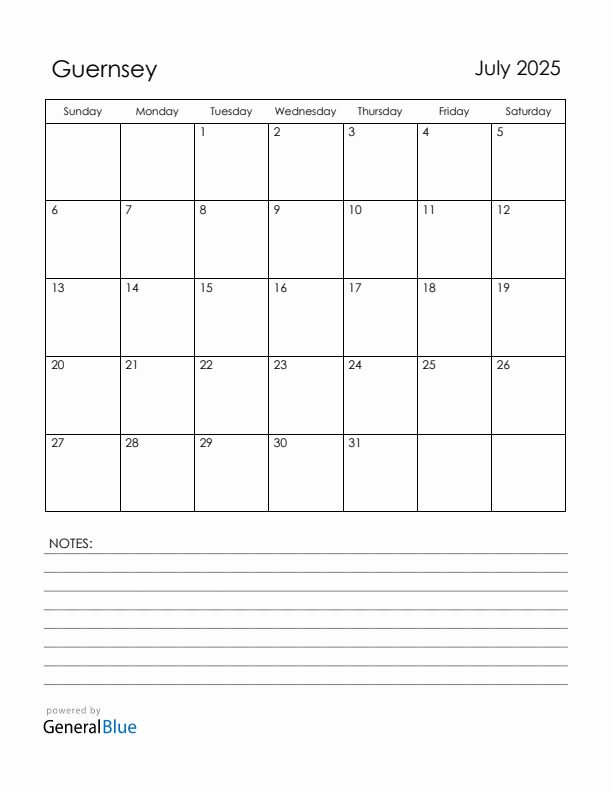 July 2025 Guernsey Calendar with Holidays (Sunday Start)