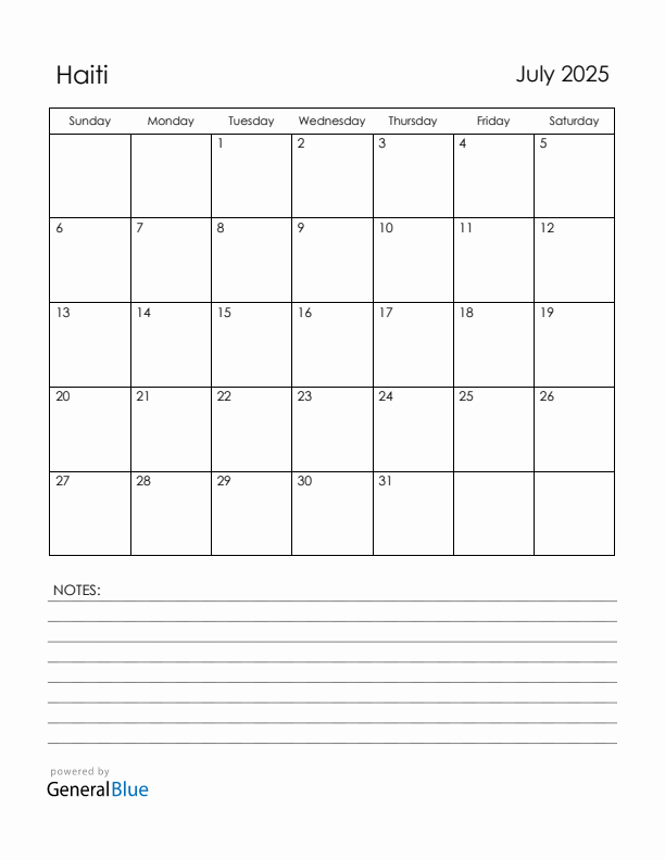 July 2025 Haiti Calendar with Holidays (Sunday Start)