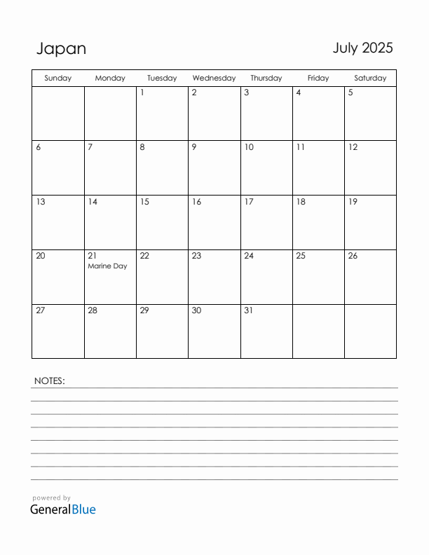 July 2025 Japan Calendar with Holidays (Sunday Start)