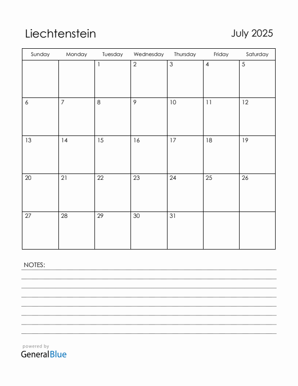 July 2025 Liechtenstein Calendar with Holidays (Sunday Start)