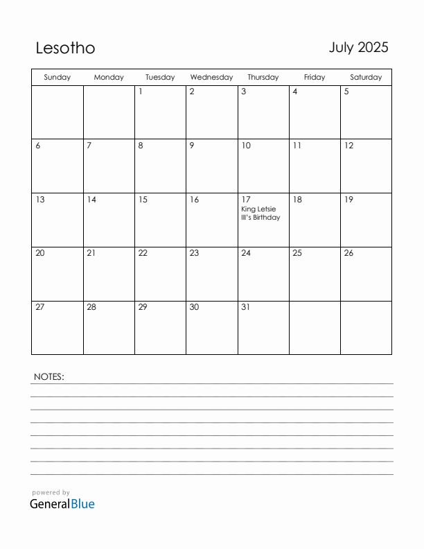 July 2025 Lesotho Calendar with Holidays (Sunday Start)