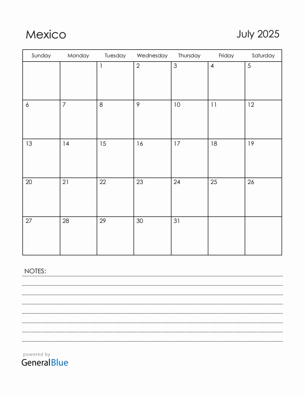 July 2025 Mexico Calendar with Holidays (Sunday Start)