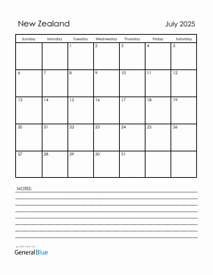 Current month calendar with New Zealand holidays for July 2025