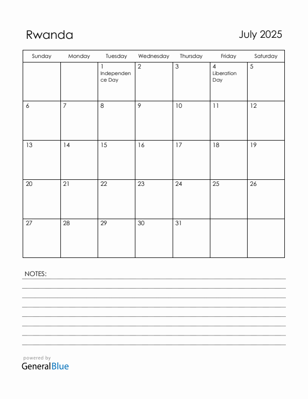 July 2025 Rwanda Calendar with Holidays (Sunday Start)