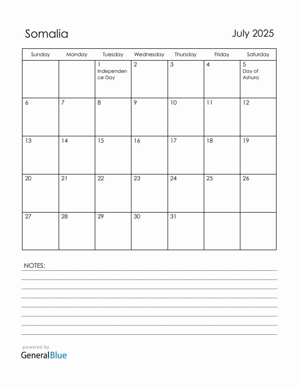 July 2025 Somalia Calendar with Holidays (Sunday Start)