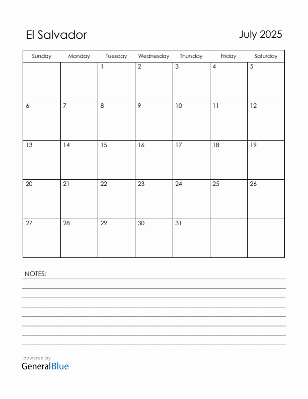 July 2025 El Salvador Calendar with Holidays (Sunday Start)