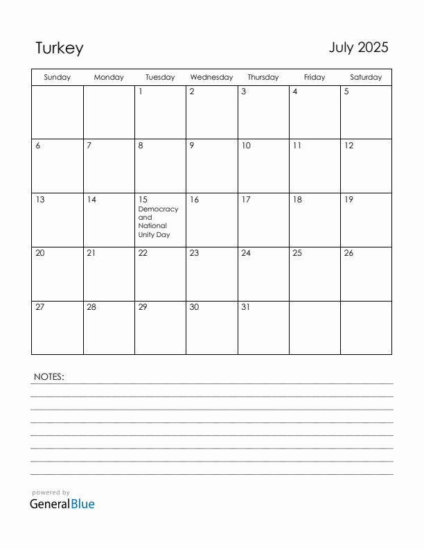 July 2025 Turkey Calendar with Holidays (Sunday Start)