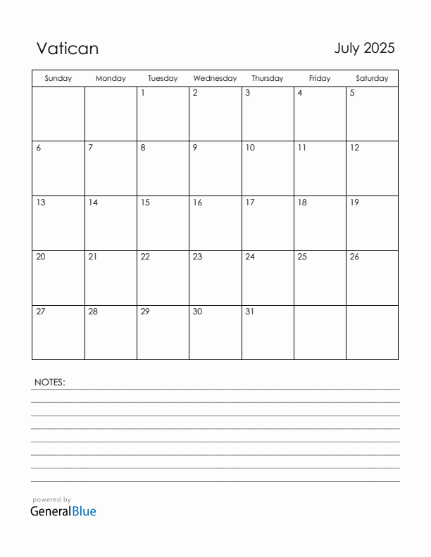 July 2025 Vatican Calendar with Holidays (Sunday Start)