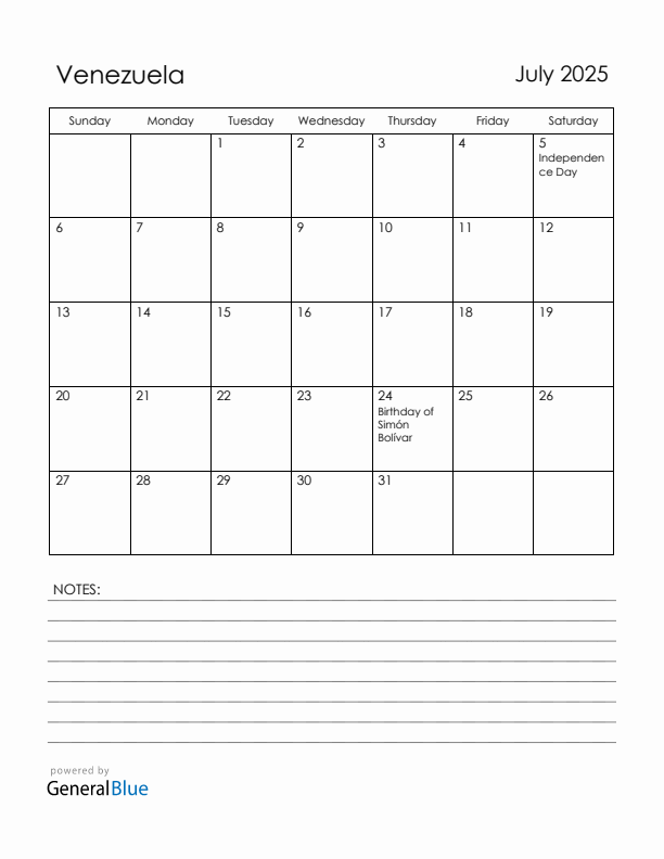 July 2025 Venezuela Calendar with Holidays (Sunday Start)