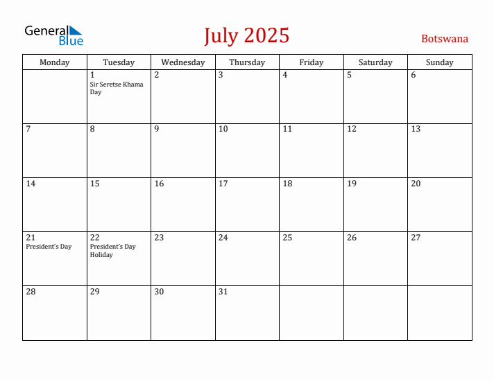 Botswana July 2025 Calendar - Monday Start