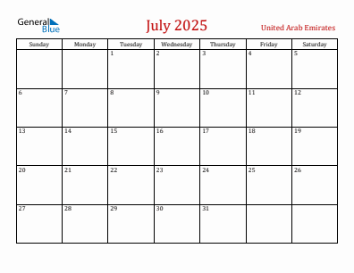 Current month calendar with United Arab Emirates holidays for July 2025