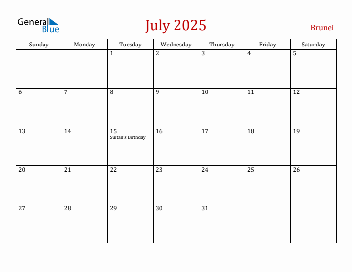 Brunei July 2025 Calendar - Sunday Start