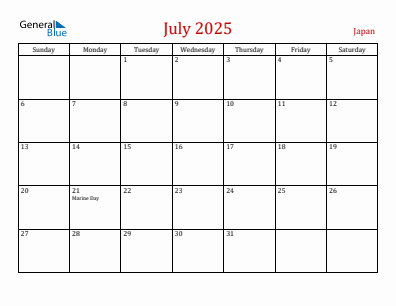 Current month calendar with Japan holidays for July 2025