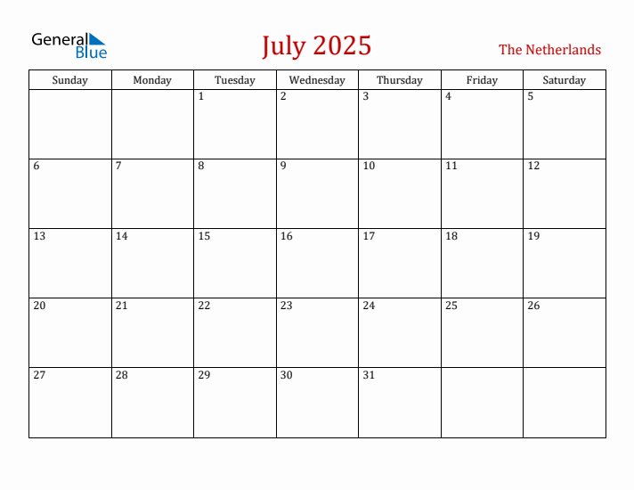 The Netherlands July 2025 Calendar - Sunday Start