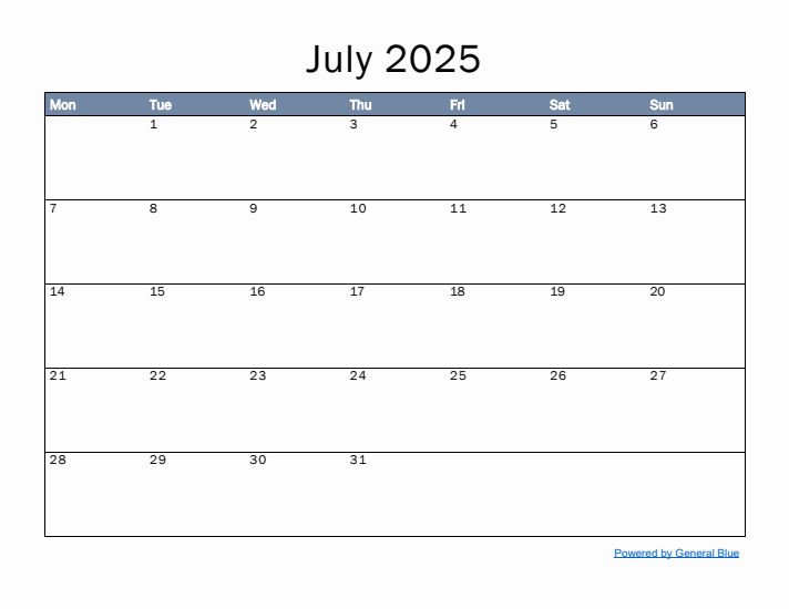 July 2025 Simple Month Calendar Template