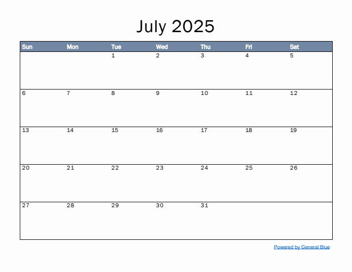 July 2025 Simple Month Calendar Template