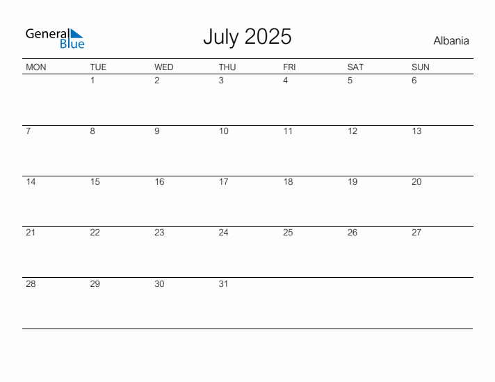 Printable July 2025 Calendar for Albania