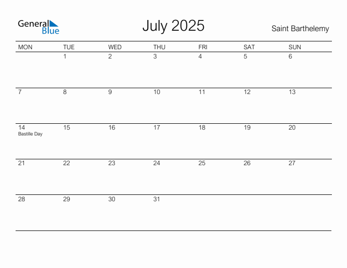 Printable July 2025 Calendar for Saint Barthelemy