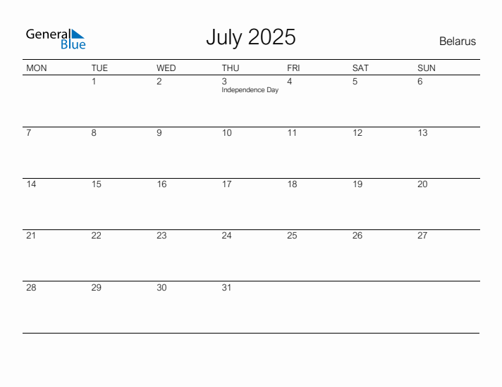 Printable July 2025 Calendar for Belarus