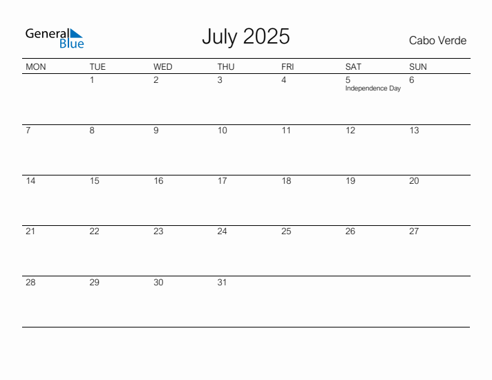 Printable July 2025 Calendar for Cabo Verde