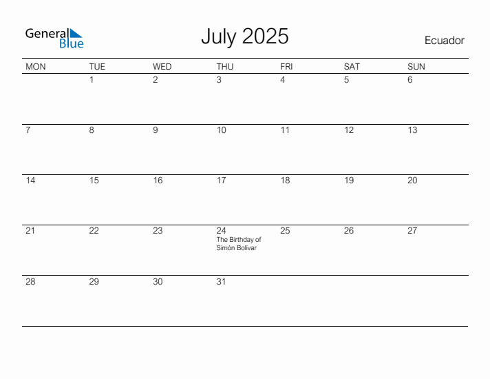 Printable July 2025 Calendar for Ecuador