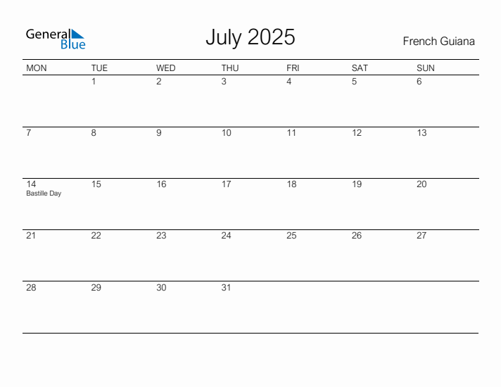 Printable July 2025 Calendar for French Guiana